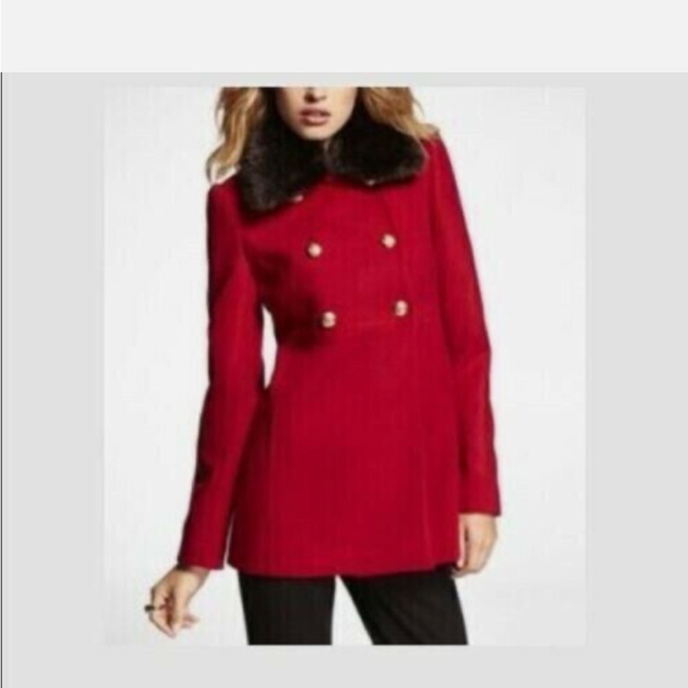 Red Warm coat with faux fur funnel like collar around neck
